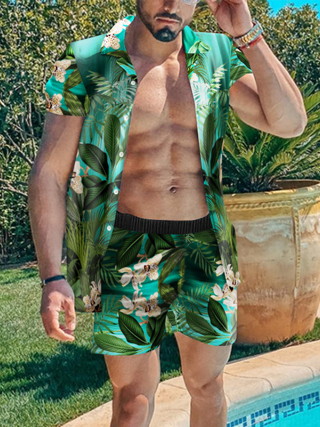  Herre Hawaii skjorte Sommer skjorte Skjorte sæt Aloha skjorte Blomstret Blade Aftæpning Blå Orange Grøn 3D-udskrivning udendørs Afslappet Kortærmet 3D-udskrivning Knap ned Tøj Mode Hawaiiansk