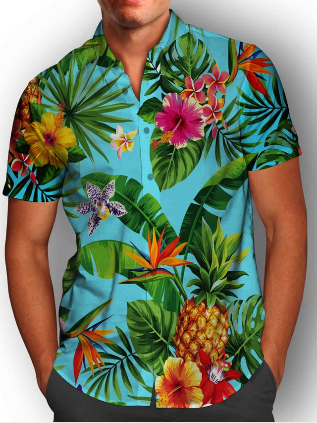  Men's Shirt Summer Hawaiian Shirt Graphic Pineapple Plants Hawaiian Aloha Collar Turndown Yellow Red Blue Orange Casual Daily Short Sleeve Button-Down Clothing Apparel Fashion Designer Lightweight