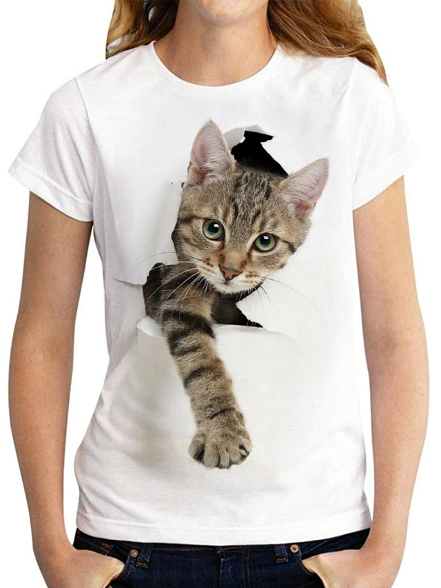  女性用 Tシャツ デザイナー 3Dプリント 猫 グラフィック 3D デザイン 半袖 ラウンドネック カジュアル プリント 服装 デザイナー ベーシック ホワイト ブラック