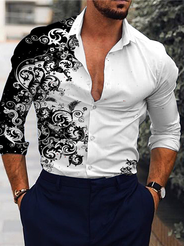  Men's Shirt Floral Print Long Sleeve Button-Down Tops Turndown Green Black Blue Red Brown Daily Holiday Fashion Casual Breathable