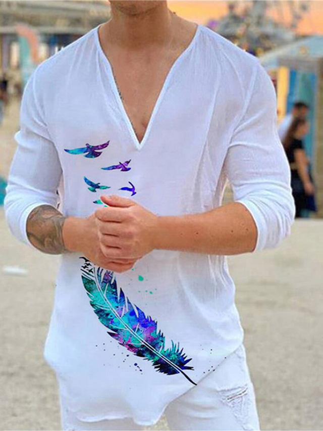  Men's Shirt Print Graphic Bird Feather V Neck Street Casual Print Long Sleeve Tops Designer Casual Fashion Comfortable White / Summer