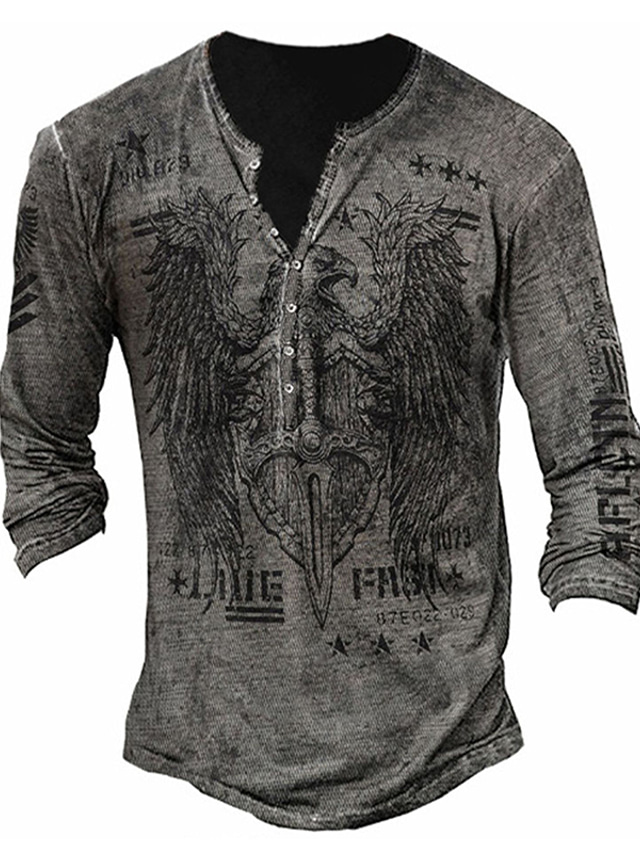  男性用 ヘンリーシャツ Tシャツ デザイナー 1950年代風 長袖 グラフィック イーグル 3Dプリント プラスサイズ ヘンリー ストリート カジュアル ボタンダウン プリント 服装 デザイナー ベーシック 1950年代風 ブラック / グレー ブラック グレー