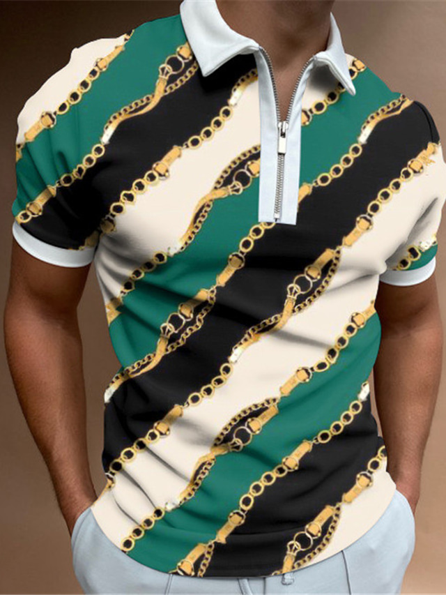  Men's Collar Polo Shirt T shirt Tee Golf Shirt 3D Print Color Block Chains Print Turndown Casual Daily Zipper Print Short Sleeve Tops Casual Fashion Comfortable Sports Green / Summer