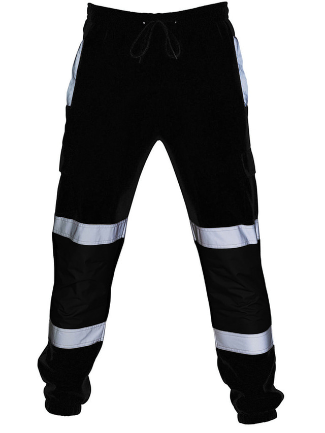  pantaloni da lavoro da uomo cargo, pantaloni di sicurezza impermeabili riflettenti ad alta visibilità da notte pantaloni casual con pannelli riflettenti argento con strisce nere