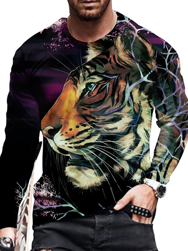  Men's T shirt Tee Designer 1950s Long Sleeve Graphic Prints Tiger Print Crew Neck Daily Holiday Print Clothing Clothes Designer 1950s Casual Purple