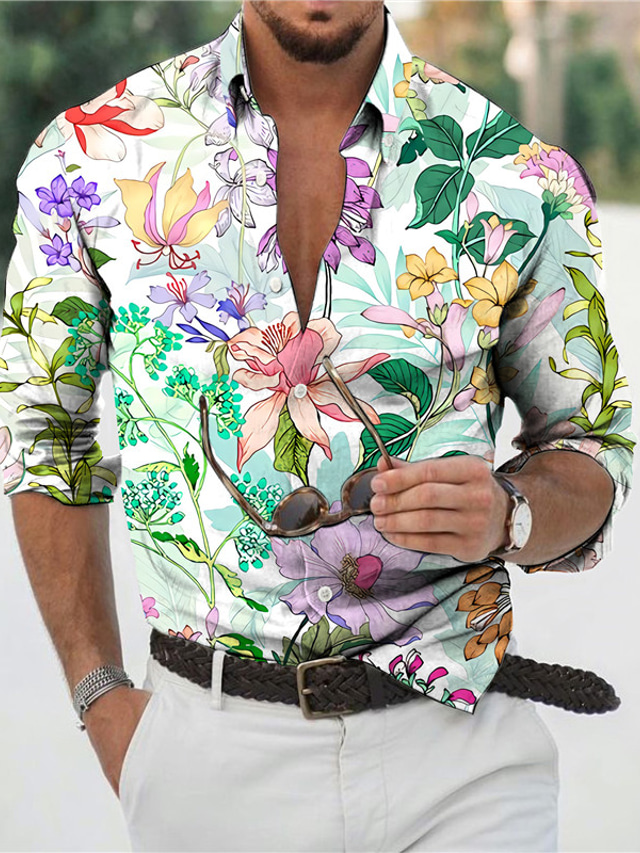  Hombre Camisa camisa hawaiana Graphic Floral Hawaiian Aloha Diseño Cuello Vuelto Negro / Blanco Rojo Azul Piscina Morado Verde Trébol Print Diario Festivos Manga Larga Impresión 3D Abotonar Ropa Moda