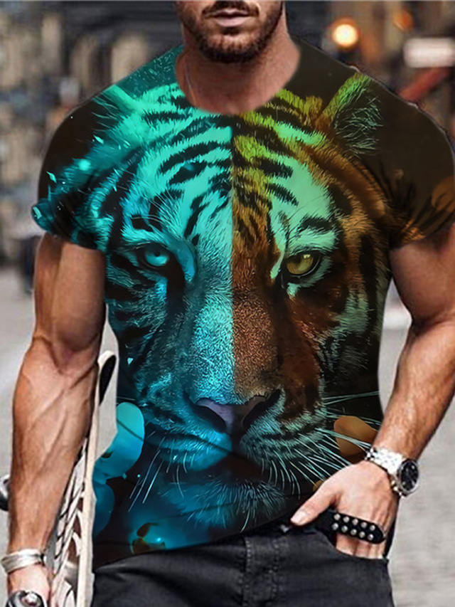  Men's T shirt Tee Designer Summer Short Sleeve Graphic Tiger Print Crew Neck Daily Holiday Print Clothing Clothes Designer Casual Big and Tall Blue