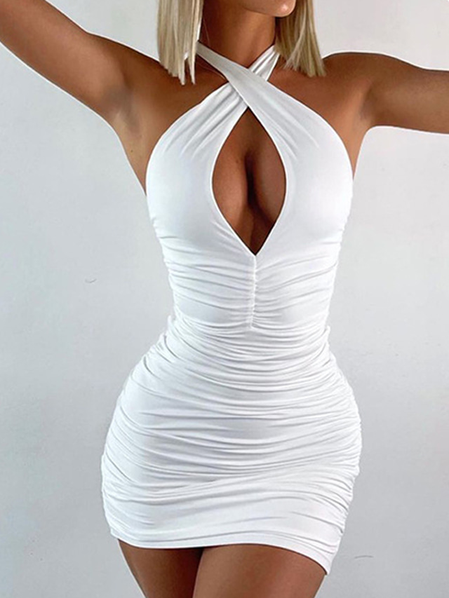  Γυναικεία Φόρεμα σε ευθεία γραμμή Μίνι φόρεμα Λευκό Καφέ Μπλε Απαλό Αμάνικο Μονόχρωμες Εξώπλατο Κοφτό Άνοιξη Καλοκαίρι Δένει στο Λαιμό Στυλάτο Σέξι Μοντέρνα 2022 Τ M L