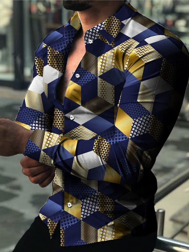  Homens Camisa Social Estampado Gráfico Geométrica Losango Aberto para a Lateral Diário Feriado Impressão 3D Botão para baixo Manga Longa Blusas Designer Casual Moda Respirável Azul