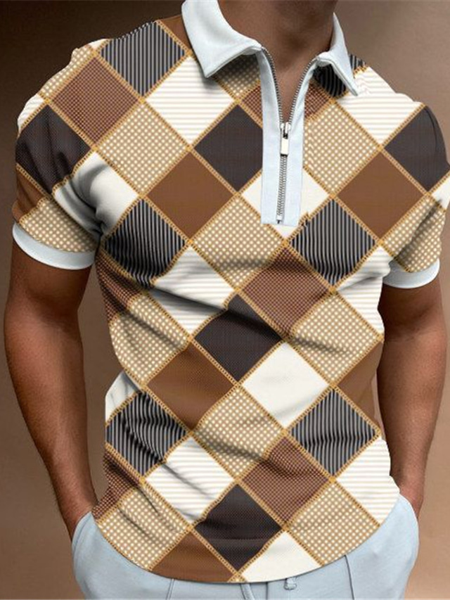  Voor heren POLO Shirt T-shirt Golfshirt Rits Sport Modieus Casual Zomer Korte mouw Zwart / Wit Khaki Marineblauw Ruitjes Kleurenblok 3D-afdrukken Strijkijzer Rits Casual Dagelijks Vetoketju Afdrukken