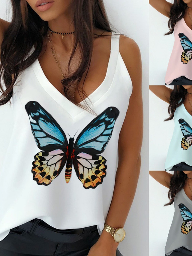  Womens Tank Tops for Summer V Neck Strap Butterfly Prin Casual Loose Tops Sleeveless Vest