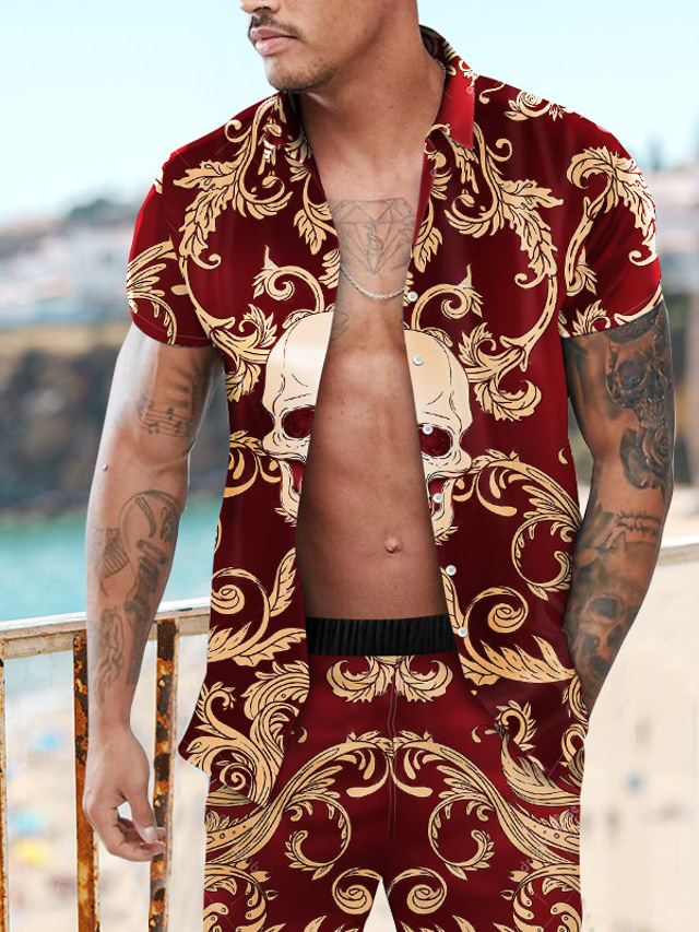  Bărbați Cămașă de vară Set cămașă Grafic Floral Cranii Răsfrânt Roșu Vin Mov Trifoi Imprimeu În aer liber Casual Manșon scurt Imprimare 3D Buton în jos Îmbrăcăminte Modă Hawaiană Designer Casual