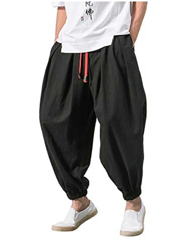  harem lin bukser for menn pluss størrelse yoga bukser premium bomull lange bukser casual elastisk midje snøring hippie strandbukser svart