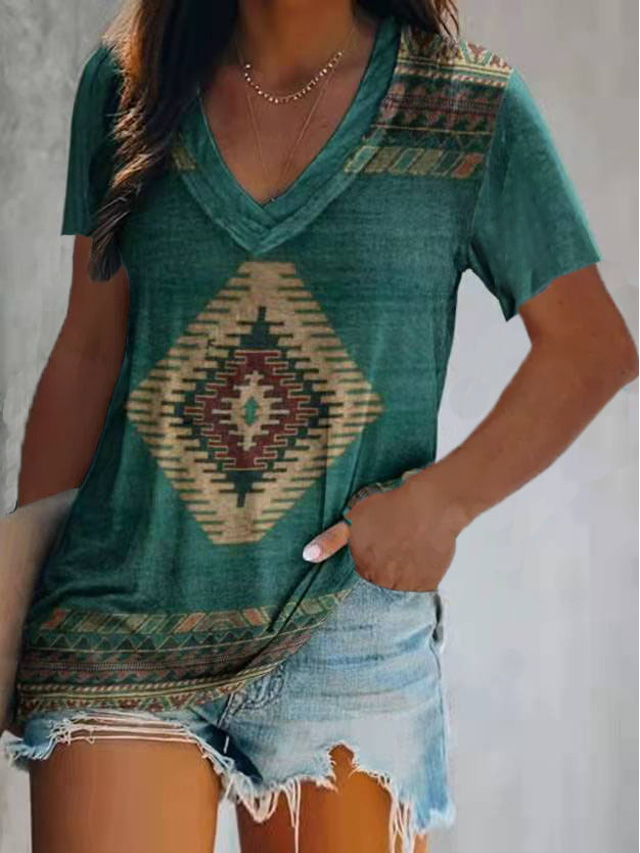  Dame T-shirt Designer Kortærmet Geometrisk Ocean 3D-udskrivning V-hals Afslappet Ferie Trykt mønster Tøj Tøj Designer Basale Etnisk Grøn Blå Lysegrøn