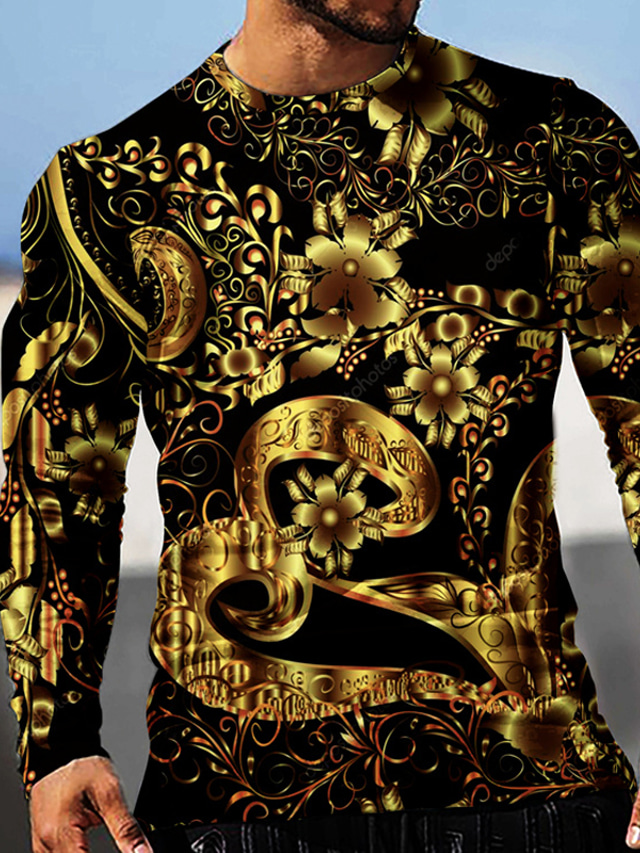 Ανδρικά Μπλουζάκι Υψηλής Ποιότητας Βασικό Δεκαετία του 1950 Μακρυμάνικο Χρυσό Φλοράλ Γραφική Στάμπα Μεγάλα Μεγέθη Στρογγυλή Ψηλή Λαιμόκοψη Causal Καθημερινά Χάλκινο Στάμπα Ρούχα Ρούχα