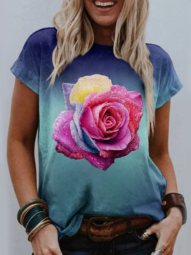  Dame T skjorte Designer 3D-utskrift Grafisk 3D Design Rose Kortermet Rund hals Avslappet Ferie Trykt mønster Klær Klær Designer Grunnleggende Blå