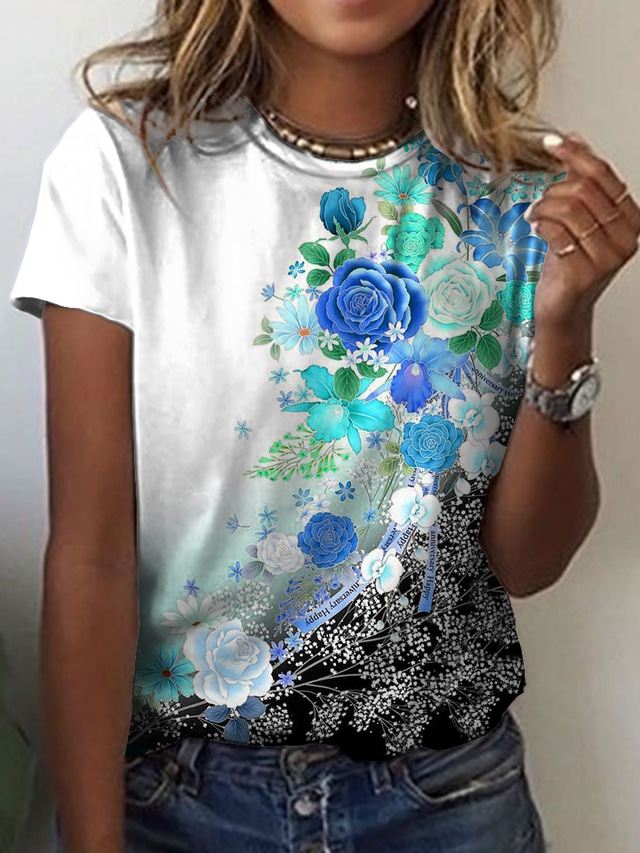  Damen T Shirt Design 3D-Druck Blumen Graphic Design Kurzarm Rundhalsausschnitt Alltag Festtage Bedruckt Kleidung Design Basic Grün Blau Purpur