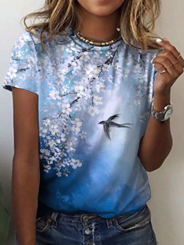 Femme T shirt Tee Design 3D effet Floral Graphic Oiseau Design Manches Courtes Col Rond Décontractée Vacances Imprimer Vêtements Design basique Vert Bleu Rose Claire