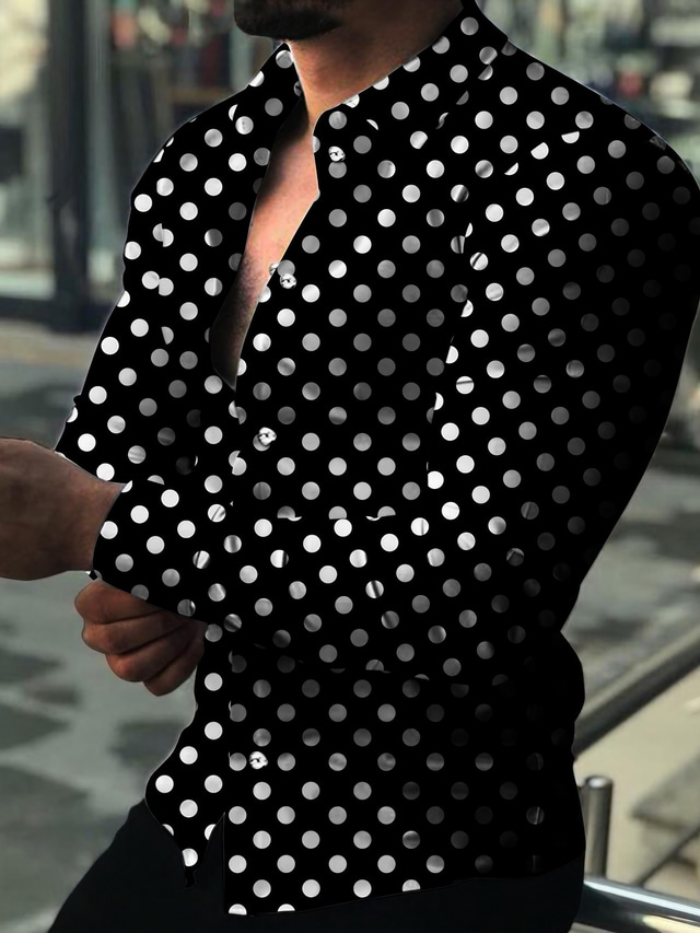  男性用 シャツ 波点 折襟 カジュアル 日常 プリント 長袖 トップの デザイナー カジュアル ファッション 快適 ブラック / 夏