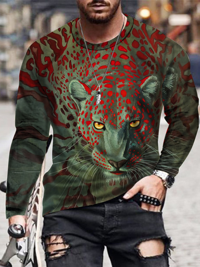  Men's T shirt Tee Designer Sportswear Casual Long Sleeve Green Black Blue Red Leopard Animal Print Crew Neck Street Casual Print Clothing Clothes Designer Sportswear Casual