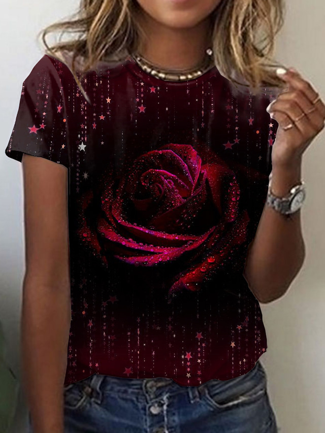  Damen T Shirt Design 3D-Druck 3D Design Rose Kurzarm Rundhalsausschnitt Alltag Festtage Bedruckt Kleidung Design Basic Valentinstag Grün Blau Purpur