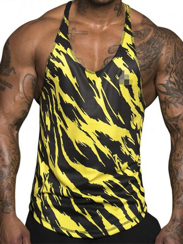 Men's Tank Top Vest T shirt Tee Camouflage Crew Neck Training Fitness Print Sleeveless Tops Sportswear Muscle Workout Athletic White Blue Yellow / Summer / Summer