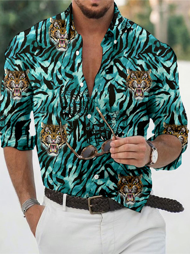  Męskie Koszula Graficzny Zwierzę Tygrys Wzory graficzne Wieczorne Czerwony Niebieski Brązowy Nadruk Na zewnątrz Ulica Długi rękaw Druk 3D Przycisk w dół Odzież Moda Designerskie Codzienny Oddychający