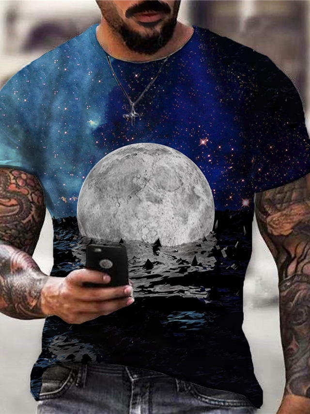  Men's T shirt Tee Designer Casual Classic Summer Short Sleeve Blue Galaxy Graphic Moon Print Crew Neck Daily Sports Print Clothing Clothes Designer Casual Classic