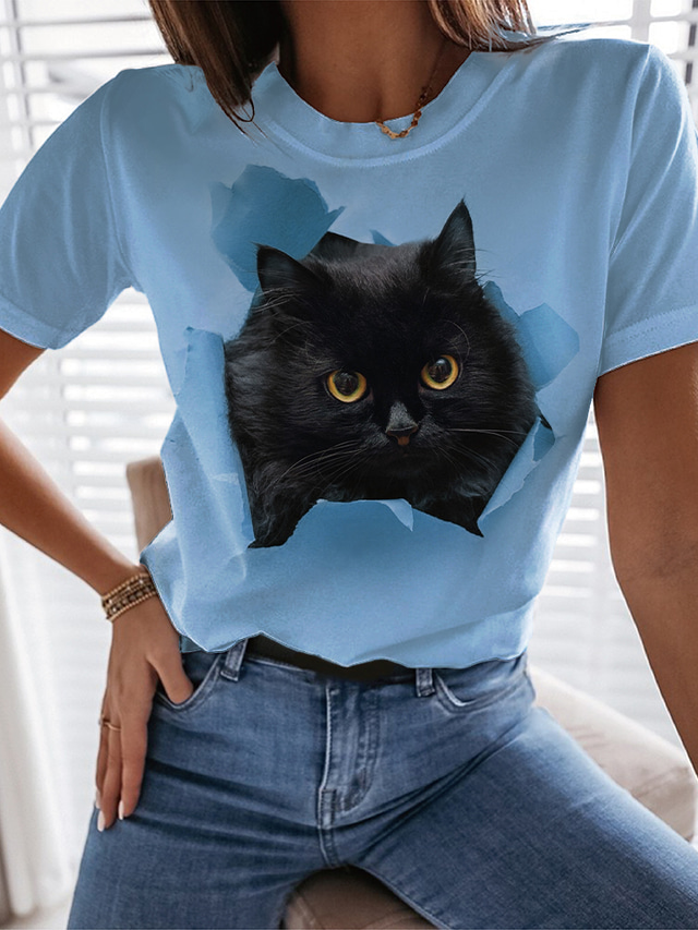  Damen T Shirt Design 3D-Druck Katze Graphic 3D Design Kurzarm Rundhalsausschnitt Alltag Bedruckt Kleidung Design Basic Grün Blau Purpur