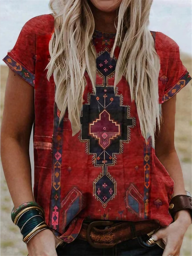 Femme T shirt Tee Design 3D effet Tribal Design Manches Courtes Col Rond Décontractée du quotidien Patchwork Imprimer Vêtements Design basique Ethnique Rouge