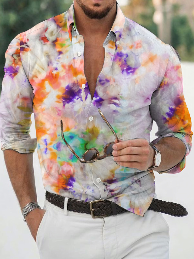  Men's Shirt Graphic Tie Dye Stand Collar Rainbow Print Outdoor Casual 3D Print Button-Down Clothing Apparel Fashion Designer Casual Comfortable / Long Sleeve