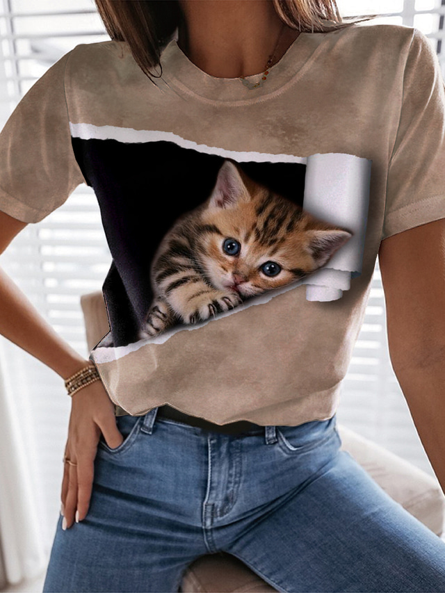  女性用 Tシャツ デザイナー 3Dプリント 猫 グラフィック 3D デザイン 半袖 ラウンドネック カジュアル プリント 服装 デザイナー ベーシック グリーン ブルー グレー