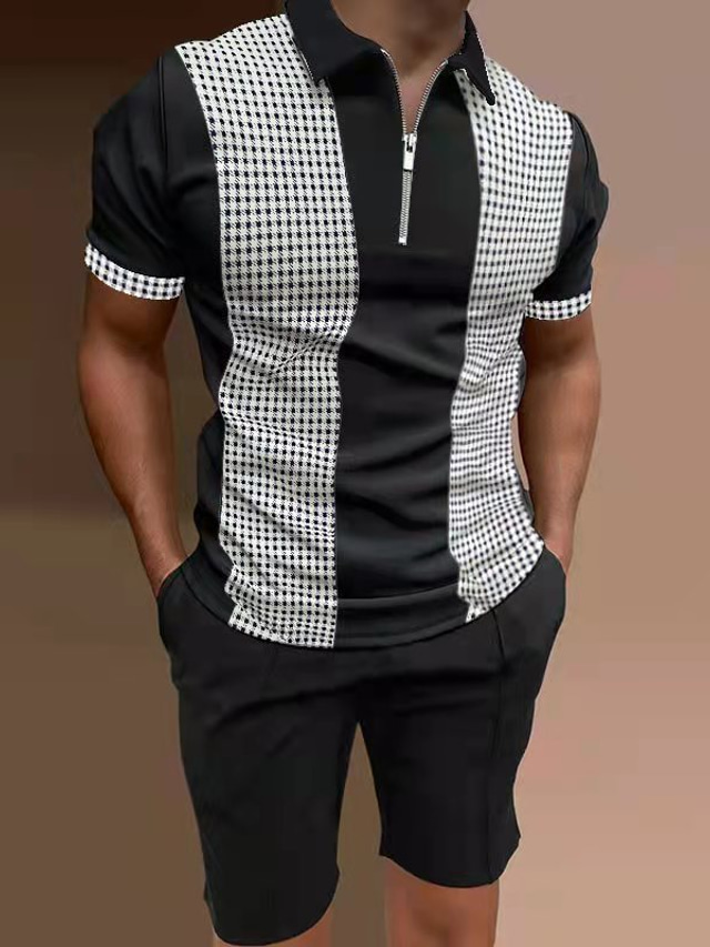  golfskjorta för män, tröja, färgblock klassisk krage ledig daglig dragkedja lapptäcke kortärmade toppar business casual mode klassisk svart marinblå sommarskjortor