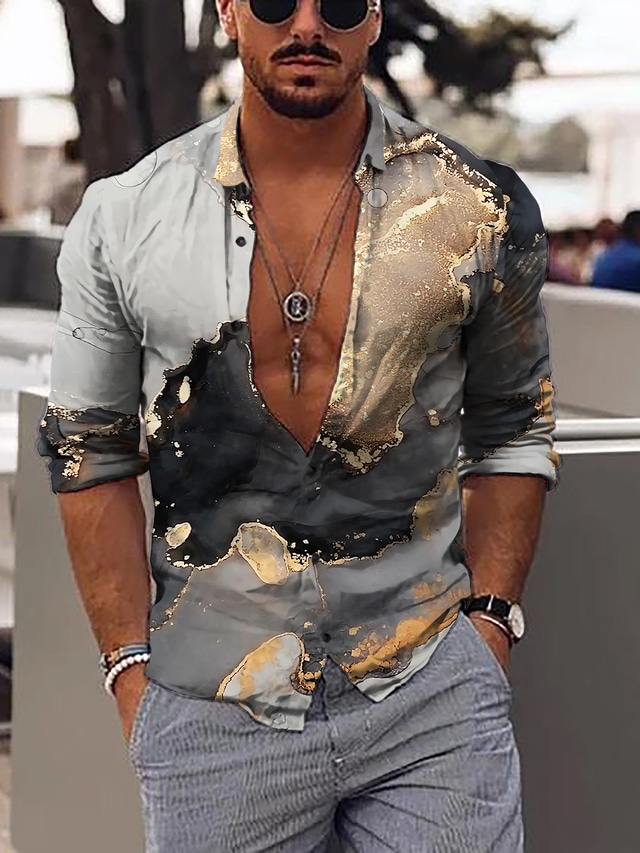  Men's Shirt Print Graphic Marble Stand Collar Casual Daily 3D Print Button-Down Long Sleeve Tops Designer Casual Fashion Comfortable Gray