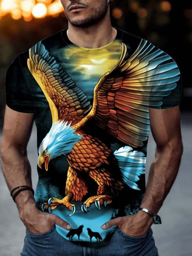  Eagle Casual Herren 3D Shirt | Schwarz Sommer Baumwolle | Und Wölfe Herren Tier Rundhalsausschnitt Kurzarm Street Print Tops Sportbekleidung Mode Bequem Blau