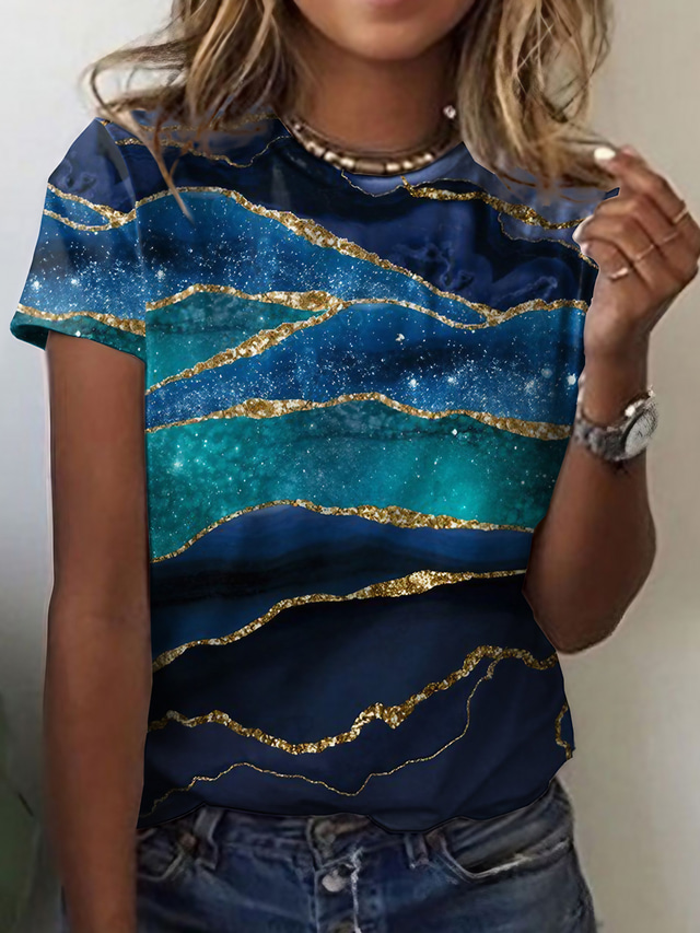  Damen T Shirt Design 3D-Druck Graphic Geometrisch Design Kurzarm Rundhalsausschnitt Alltag Bedruckt Kleidung Design Basic Blau