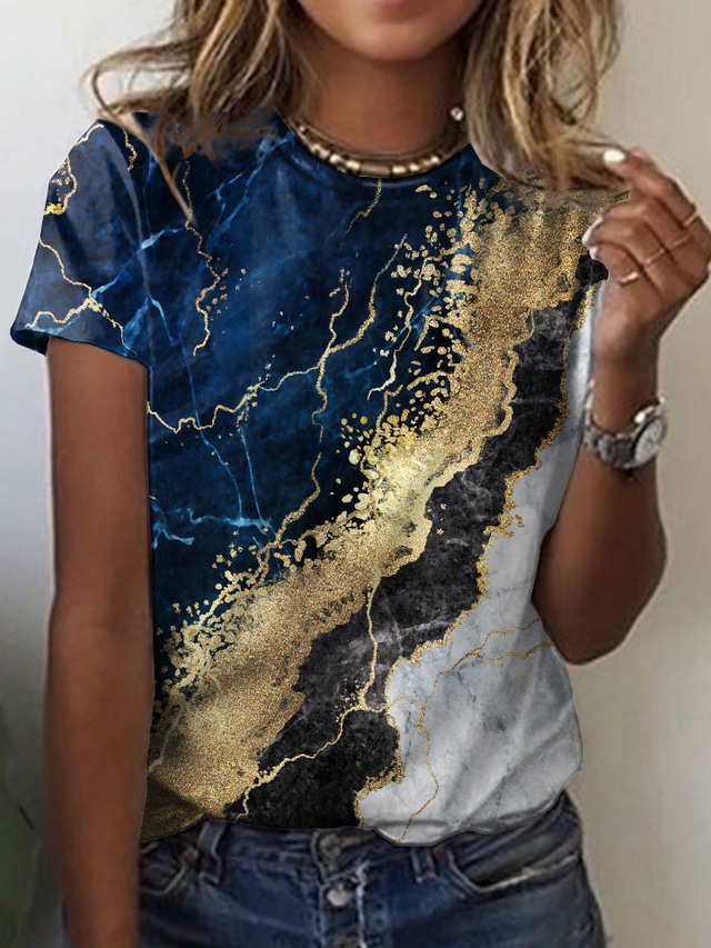  Women's T shirt Tee Designer 3D Print Graphic Geometric Design Short Sleeve Round Neck Casual Print Clothing Clothes Designer Basic Blue
