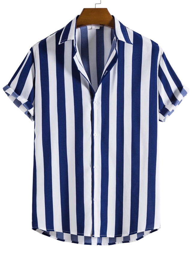  pánská košile pruhovaná turndown street ležérní potisk knoflíků topy s krátkým rukávem ležérní móda prodyšné pohodlné bílé víno tmavě modrá letní košile letní košile