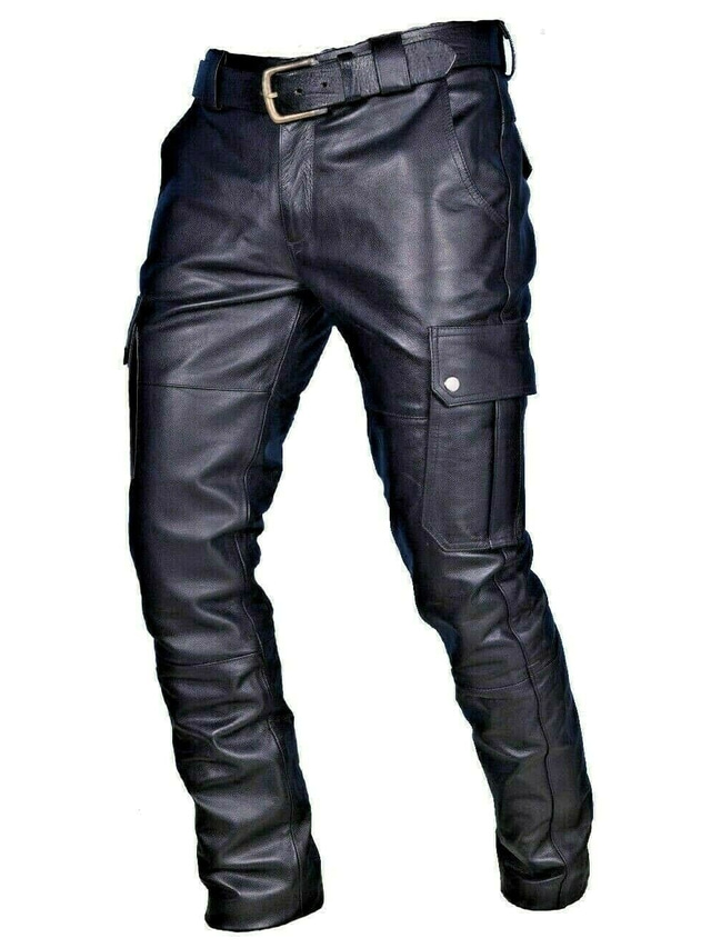  Herre Bukser Læderbukser Casual bukser Multi lomme Helfarve Motorcykel Streetwear Imiteret Læder Mode Sort Rød
