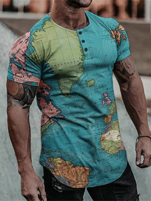  Homens Camisa Henley Camiseta Designer Anos 50 Verão Manga Curta Gráfico Mapa Estampado Henley Casual Diário Botão para baixo Imprimir Roupas Designer Leve Anos 50 Azul