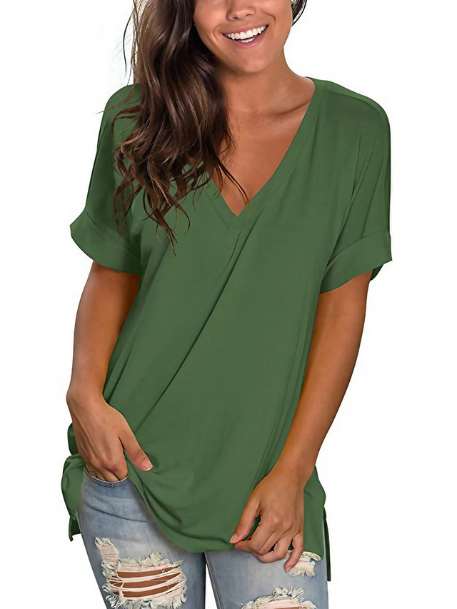  Damen Alltag Täglich Wochenende T Shirt Glatt Kurzarm V Ausschnitt Basic Oberteile Grün Weiß Schwarz S