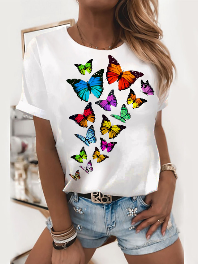  Women's T shirt Tee Designer 3D Print Graphic Butterfly Design Short Sleeve Round Neck Casual Print Clothing Clothes Designer Basic White Black