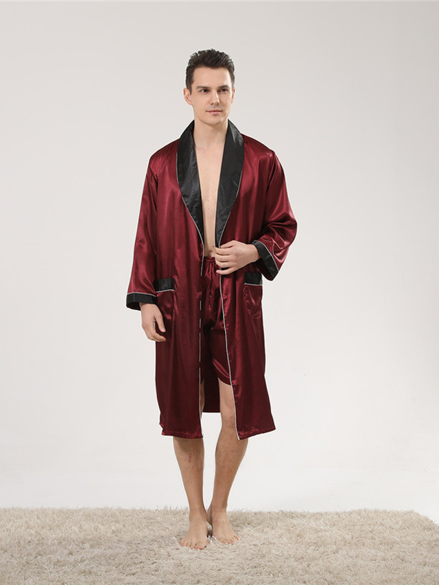  Men's Silk Robe Silk Kimono 2 Pieces Pure Color Simple Ultra Slim Romantic Home Daily Bed Faux Silk Polyester Breathable Lightweight V Wire Long Sleeve Robe Top Shorts Lace up Basic Fall Spring Red