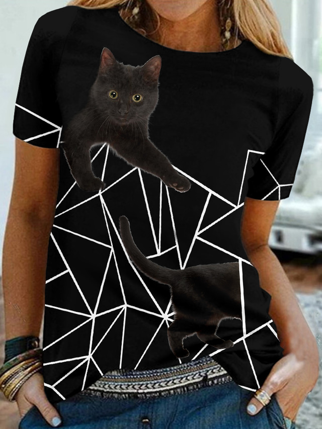  Mulheres Camiseta Designer Impressão 3D Gato Gráfico Geométrica 3D Detalhes Manga Curta Decote Redondo Casual Imprimir Roupas Designer Básico Preto