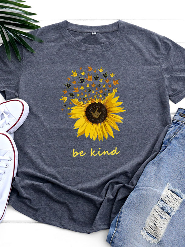  yssgtt be kind sunflower t-shirt women cute funny graphic tee teen girls casual short sleeve shirt tops grey