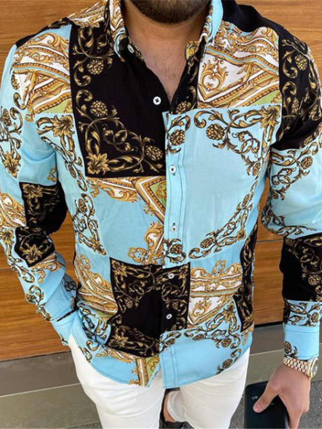  Men's Shirt  Floral Plaid Graphic Turndown Street Casual Button-Down Print Long Sleeve Tops Casual Fashion Breathable Comfortable Blue Summer Shirts