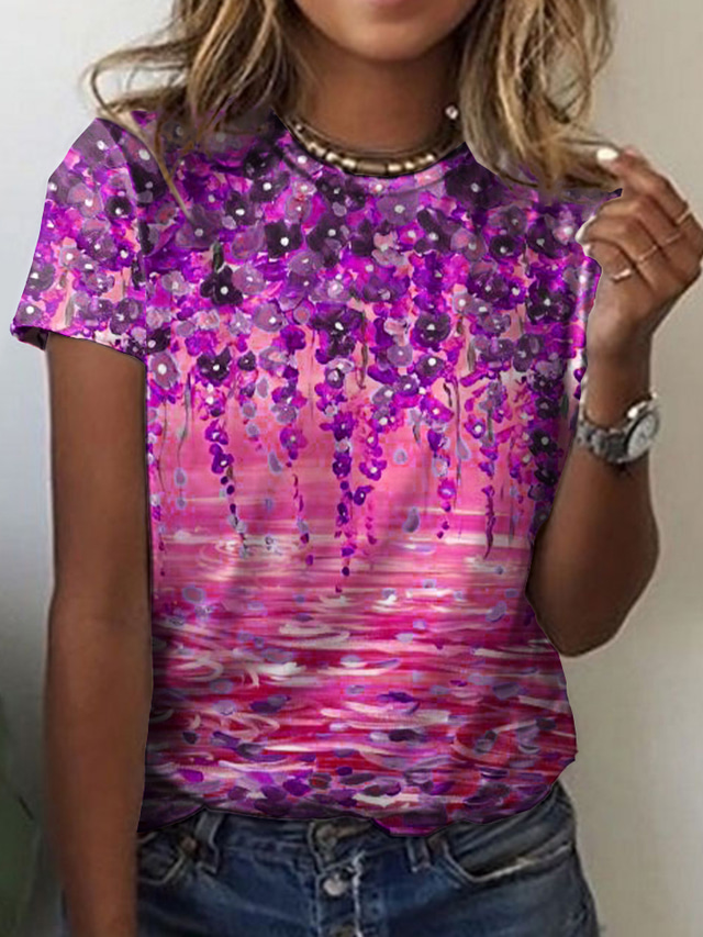  Damen T Shirt Design 3D-Druck Blumen Graphic Design Kurzarm Rundhalsausschnitt Alltag Festtage Bedruckt Kleidung Design Basic Grün Blau Rosa