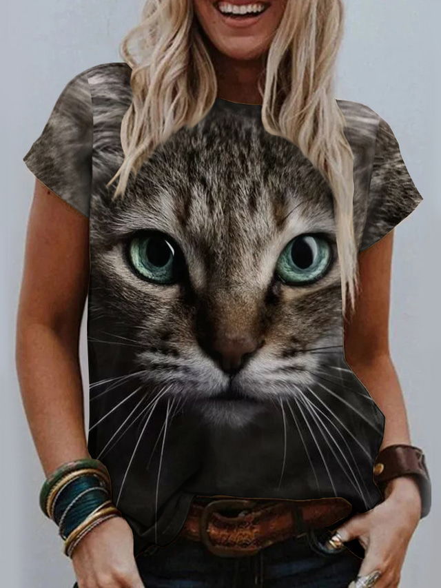  Dame T-shirt Designer 3D-udskrivning Kat Grafisk 3D Design Kortærmet Rund hals Afslappet Trykt mønster Tøj Tøj Designer Basale Brun