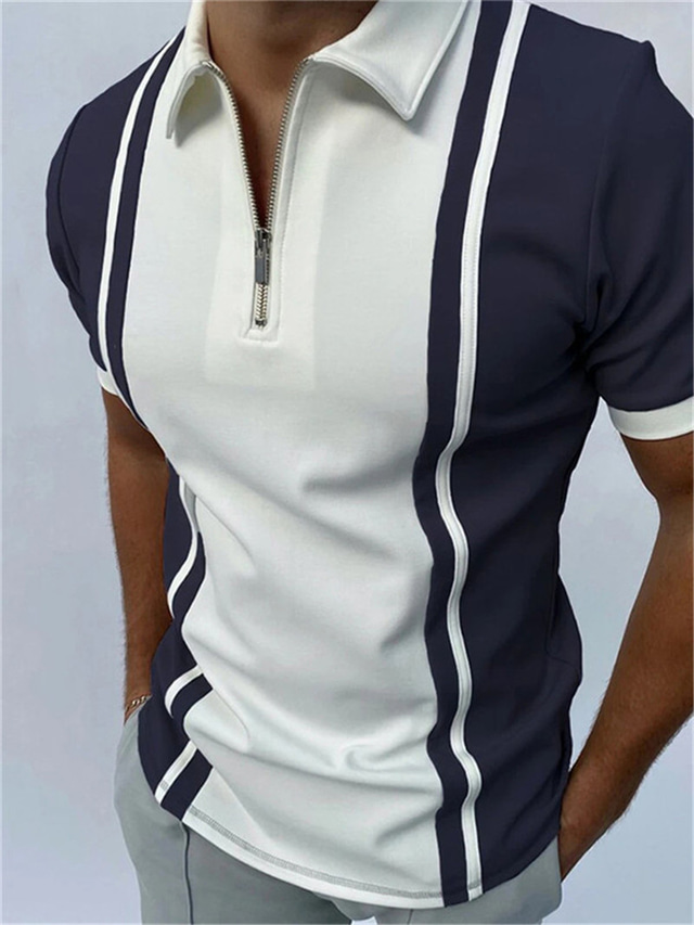  Men's Polo Shirt Golf Shirt T shirt Tee Sports Fashion Casual Summer Short Sleeve Navy-blue Dark red Navy Blue Army Green Gray Striped 3D Print Turndown Casual Daily Zipper Print Clothing Clothes