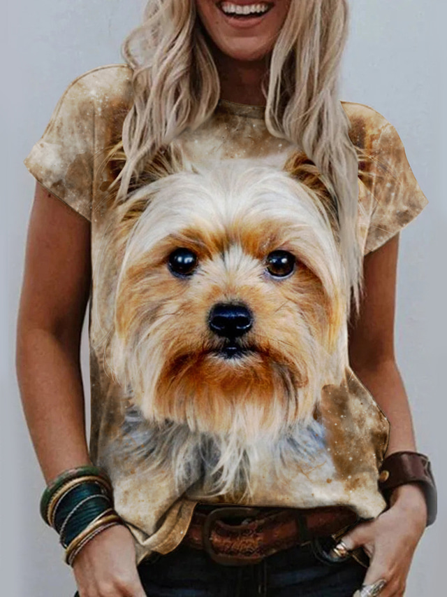  Dame T-shirt Designer 3D-udskrivning Hund Grafisk 3D Design Kortærmet Rund hals Afslappet Trykt mønster Tøj Tøj Designer Basale Brun
